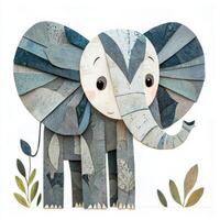 adorable elephant illustration created from textured paper, featuring layered elements to depict its form, set against a simple white background. photo