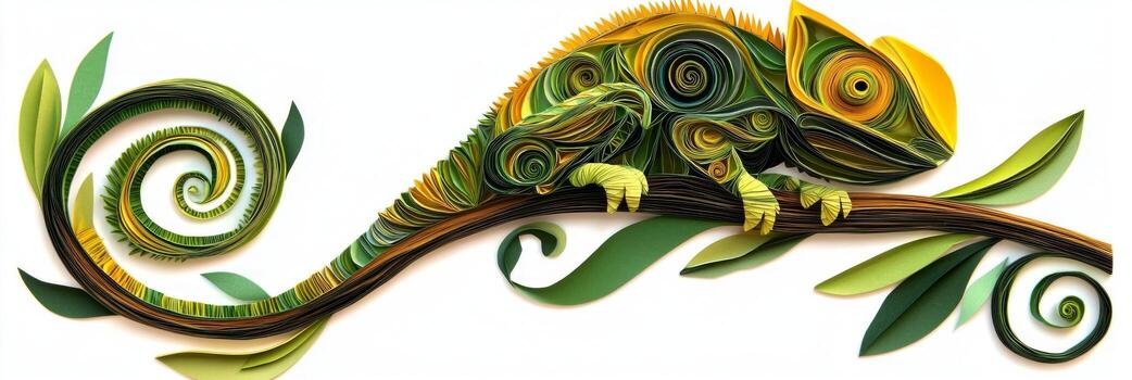 Delicate layers of green and yellow paper create a textured chameleon resting on a curling branch. The afternoon light highlights its vibrant colors against a plain background. photo