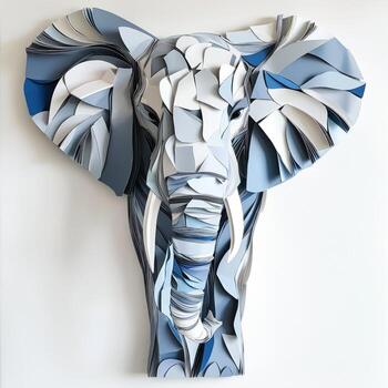 whimsical illustration features a paper collage of an elephant, highlighting intricate textures and layers in shades of grey and blue. The artwork is set in soft afternoon light. photo