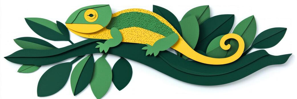 colorful chameleon made of layered paper rests on a stylized branch, showcasing its textured skin and curled tail against a bright white background in soft afternoon light. photo