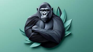beautifully crafted paper gorilla sits thoughtfully with its arms crossed, showcasing intricate layers of black and grey fur, against a calm jungle green backdrop. photo