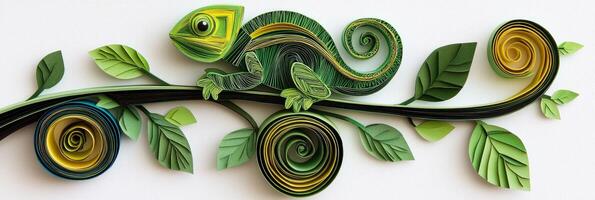 colorful chameleon crafted from layered paper rests on a stylized branch, blending vibrant greens and yellows against a plain background, illuminated by gentle afternoon light. photo