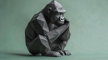 striking paper art depiction of a gorilla in a contemplative pose, showcasing intricate textures and shades of black and grey. The vivid jungle green background enhances its realism. photo