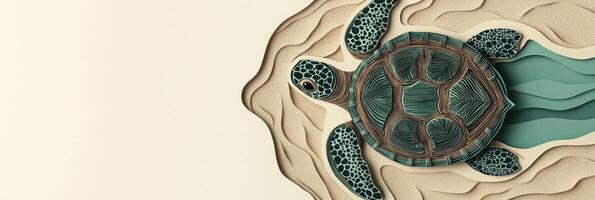 unique paper art showcases a turtle with a detailed shell in layered greens and browns, gazing upward against a warm beige sand backdrop, illuminated by afternoon light. photo