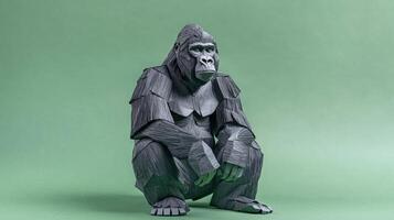 meticulously crafted paper gorilla sits thoughtfully against a vibrant green backdrop photo