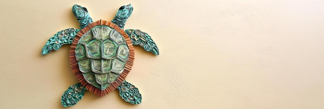 hermosamente hecho a mano papel Tortuga caracteristicas un en capas cáscara con detallado patrones, mirando hacia arriba en contra un beige arenoso fondo, tomando el sol en el calentar tarde ligero. foto