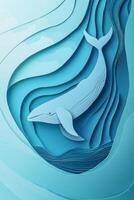 beautifully crafted whale swims in the ocean, made of layered blue and grey paper. The simplistic design captures oceanic tranquility with wavy water forms under midday light. photo