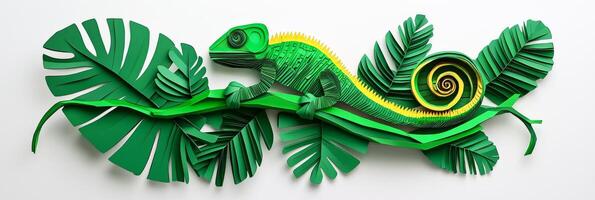 beautifully crafted chameleon made from layered green and yellow paper appears to rest on a stylized branch. The curled tail enhances its lively form, illuminated by soft afternoon light. photo