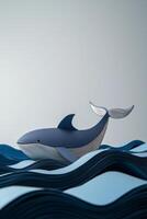 beautifully crafted whale made of grey and blue paper glides through vibrant, wavy layers of blue paper, embodying the essence of the ocean under midday light. photo