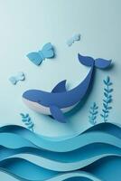 In a tranquil ocean scene, a stylized whale glides through elegant layers of blue paper waves. Soft light illuminates the harmonious marine environment, creating a serene atmosphere. photo