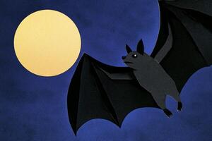 bat flits through the evening sky, its silhouette expertly crafted from black and grey paper against a bright yellow moon, creating a nocturnal artwork filled with intrigue. photo