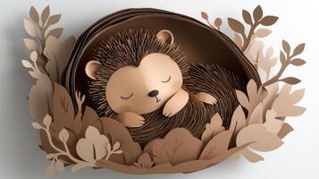 whimsical creation showcases a hedgehog curled up in a ball, crafted from layered brown and tan paper, with its adorable face peeking out in a serene woodland setting. photo