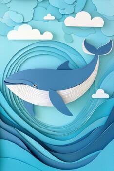 beautifully crafted paper whale glides through layered blue waves, surrounded by stylized clouds, capturing the essence of ocean life in a simplistic artistic design. photo