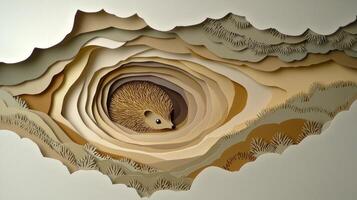 charming hedgehog cut-out is curled in a tight ball, showcasing intricate layers of brown and tan paper for its spines. The sweet face peeks out softly against a minimalist backdrop. photo