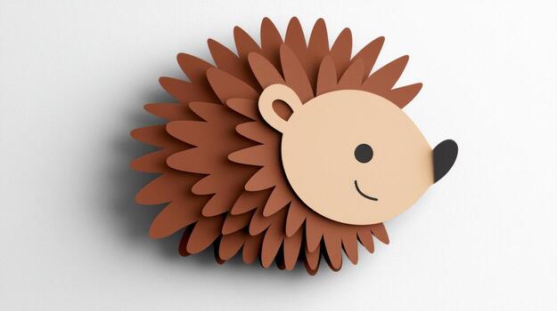 delightful paper cut-out features a hedgehog curled into a ball, with its sweet face peeking out from intricate layers of brown and tan spines against a soft grey background. photo