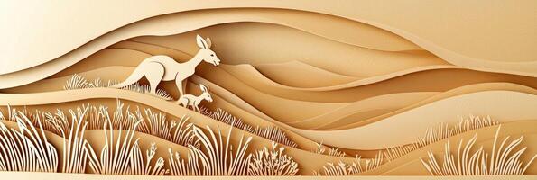 kangaroo and its joey leap energetically through the outback, crafted from shades of brown and beige paper photo