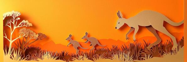 kangaroo hops energetically with her joey beside her, captured in shades of brown and beige against a warm orange backdrop. They embody the lively spirit of Australian wildlife. photo