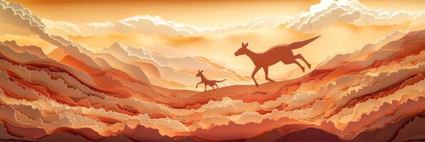 kangaroo and its joey spring joyfully across the sunlit Australian outback crafted from paper, showcasing the beauty of wildlife in dynamic motion and warm hues. photo