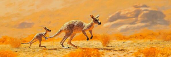 dynamic representation of a kangaroo and its joey joyfully hopping across the sunlit Australian outback, surrounded by warm earthy tones. photo