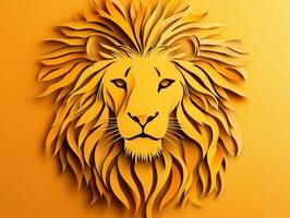 artistic creation features a lion with a layered yellow and brown mane, conveying a fierce expression, all set against a pale orange backdrop that enhances its safari theme. photo