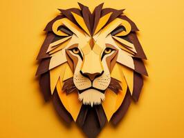 vibrant paper cut-out features a fierce lion with a detailed mane crafted from layered yellow and brown strips, set against a soft orange backdrop. photo