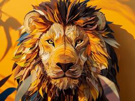 captivating paper cut-out features a lion with a vibrant, layered mane that showcases shades of yellow and brown. Its intense gaze adds life to the safari-inspired design. photo
