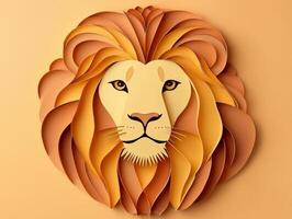 striking paper cut-out of a fierce lion features a mane crafted from layered strips of yellow and brown paper photo