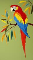 colorful macaw cut from paper perches gracefully on a branch, showcasing bright red, blue, and yellow feathers. The tropical bird adds a playful touch to children's decor. photo