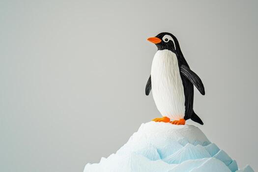 charming paper cut-out penguin stands proudly on a multi-layered iceberg, surrounded by gentle waves, all crafted from colorful paper against a soft grey backdrop. photo