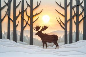 beautifully crafted paper cut-out shows a moose standing gracefully amid trees in a snowy forest, illuminated by the soft light of early morning. photo