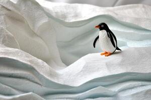 charming penguin cut-out perches on a stylized iceberg made of layered paper, surrounded by gentle waves, all set against a pale grey background. photo