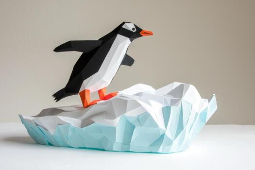 delightful paper cut-out of a penguin stands proudly atop a creatively crafted iceberg, surrounded by soft waves and set against a calming pale grey background. photo