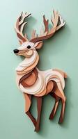 striking stag cut from layered brown and tan paper stands gracefully against a green backdrop. Its large antlers and silhouette evoke a serene woodland charm in evening light. photo