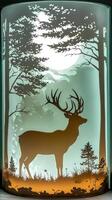 beautifully crafted stag silhouette emerges from layers of brown and tan paper, showcasing intricate antlers against a calming forest green background illuminated by late evening light. photo