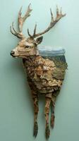 beautifully crafted stag cut from layers of brown and tan paper, showcasing its majestic antlers and intricate details, set against a calming green backdrop in soft evening light. photo
