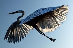 stunning paper cut-out of a stork is captured in mid-flight, showcasing intricate layers of white and black against a clear blue sky, illuminated by vivid sunlight. photo