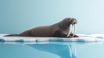 whimsical walrus made from layered grey and brown paper reclines on a white ice floe, surrounded by a serene light blue background, capturing the essence of the Arctic. photo
