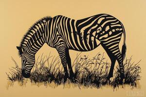 beautifully crafted paper cut-out of a zebra grazes peacefully in a minimalist savannah setting, highlighted by the midday sun against a soft beige background. photo