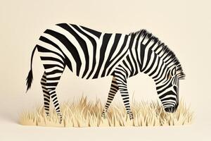 artwork features a striking paper cut-out of a zebra, beautifully designed in black and white stripes, grazing peacefully in a minimalist savannah setting, illuminated by soft midday light. photo