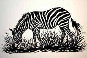 striking paper cut-out reveals a zebra feeding on grass in a sunlit savannah, showcasing intricate black and white stripes against a serene beige backdrop. photo