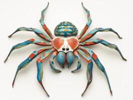 striking paper-style peacock spider appears with its vivid, layered abdomen in an artistic display, illuminated by bright studio lighting on a clean white background. photo