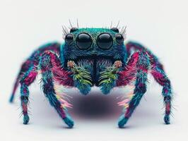 colorful peacock spider displays its intricate layered abdomen, crafted from vibrant paper. The whimsical design stands out against a bright, white background, capturing the viewer's attention. photo