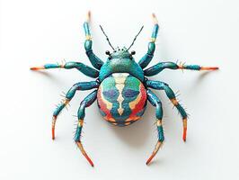 charming depiction captures the peacock spider's vibrant patterns created from layered paper, illuminated by bright studio lights on a clean white canvas. photo