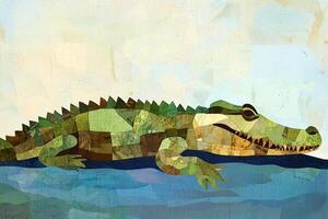 playful depiction of a crocodile lounging beside a river, crafted from layers of green and brown paper, with a tranquil blue water backdrop, showcasing a simplistic jungle theme. photo