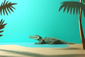 charming crocodile crafted from colored paper basks by a tranquil river, surrounded by green palms. The scene evokes a whimsical and artistic jungle atmosphere. photo
