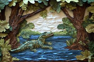 crocodile relaxes by a tranquil river, surrounded by greenery. Crafted from colorful paper, the artwork showcases the creature's scales and the vibrant environment in a delightful style. photo