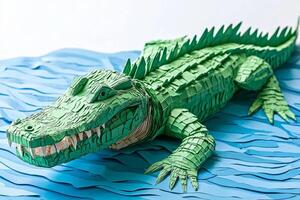 crocodile, made from various shades of green and brown paper, relaxes beside tranquil blue waters under the bright midday sun, showcasing a playful craft design. photo