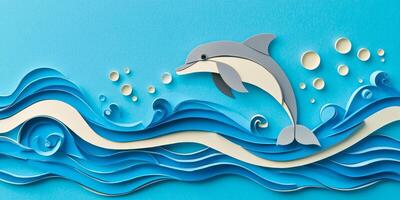dynamic depiction captures a dolphin artistically breaking through layered blue waves, with delicate water splashes enhancing the lively marine theme against a serene light blue backdrop. photo
