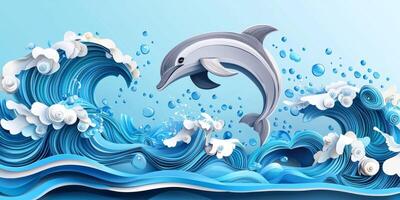 dolphin elegantly jumps from vibrant, layered blue waves, showcasing its graceful motion. The design features intricate paper cutouts against a serene light blue backdrop. photo
