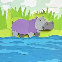 playful hippo crafted from shades of grey and purple paper stands calmly in shallow blue water, surrounded by a cheerful light green backdrop, evoking a delightful riverside atmosphere. photo